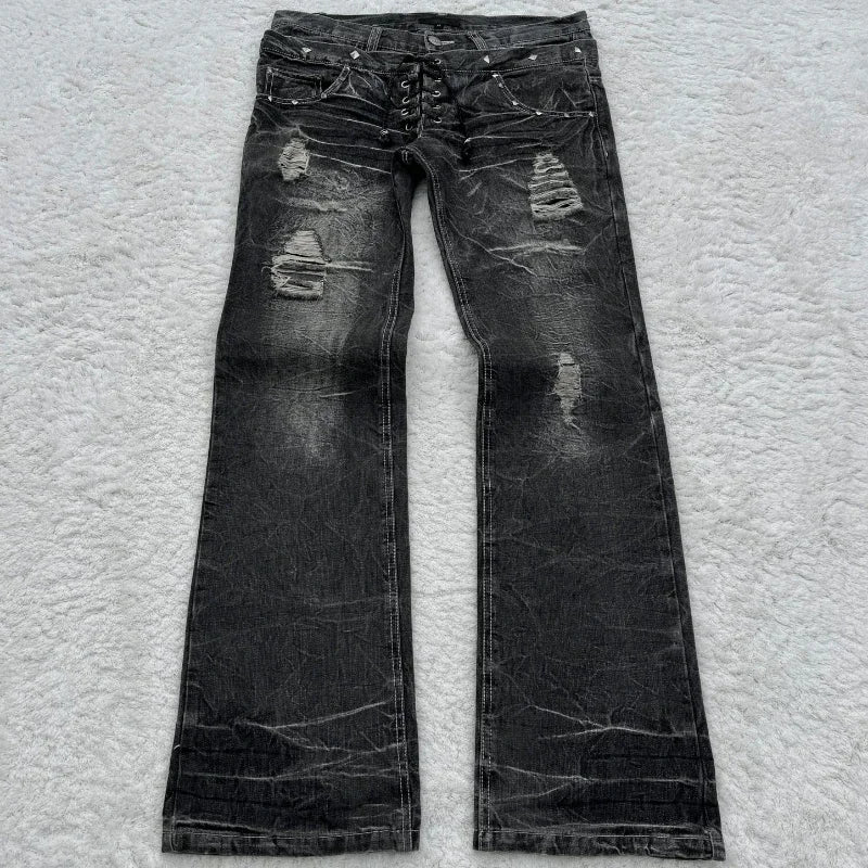 Distressed Lace Denim — Oryn Laeth | Black distressed lace jeans for women