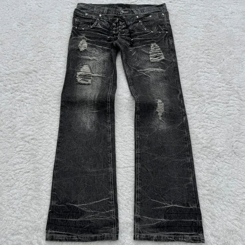 Distressed Lace Denim — Oryn Laeth | Black distressed lace jeans for women