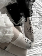 Script Thigh Socks worn editorial — Oryn Laeth